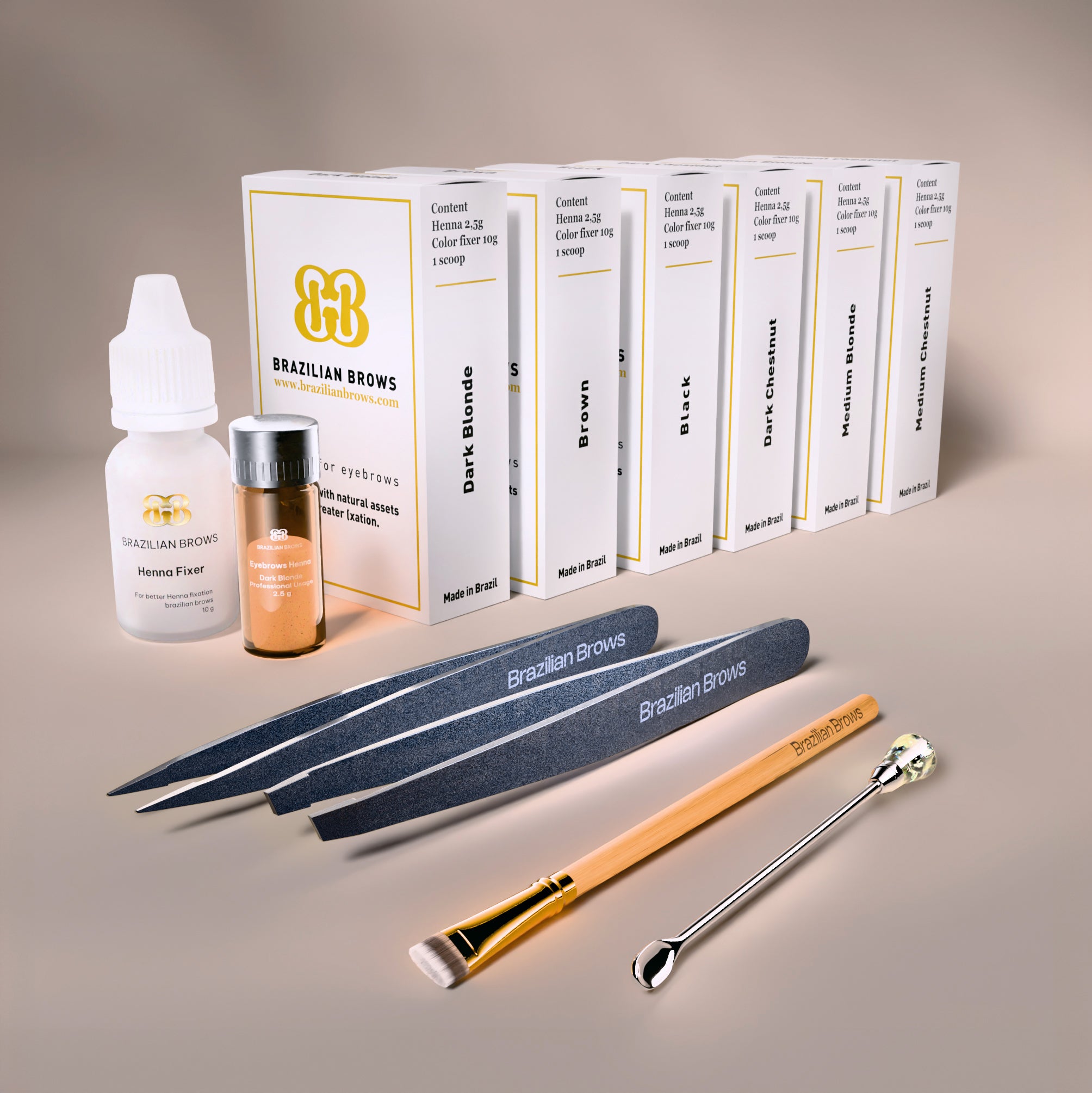 Henna Master Kit for professional brow tinting including 6 colors, Henna Portion Master, eyebrow brush, and two Pro Precision tweezers